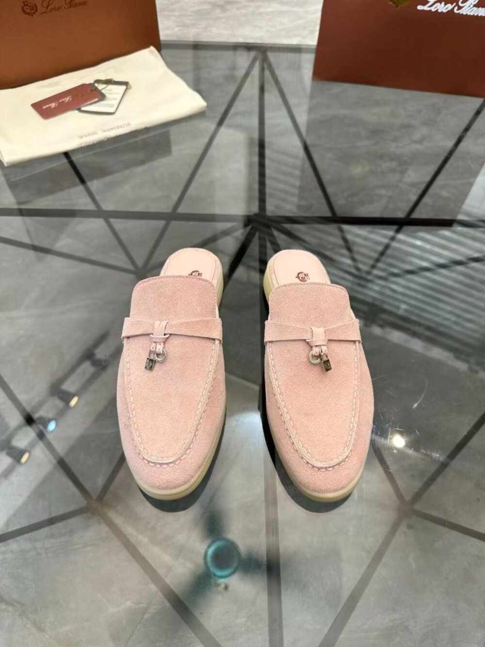 Loro Piana Pink Bow Lock Charm Mule Loafers
